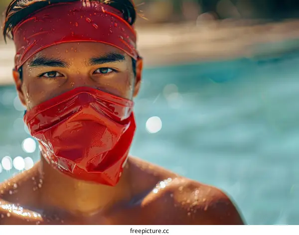 Young man wearing a red bandana as a face mask