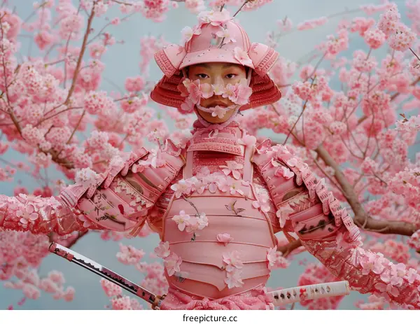 A samurai warrior stands in a field of cherry blossoms