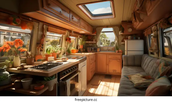Cozy interior of a retro camper van
