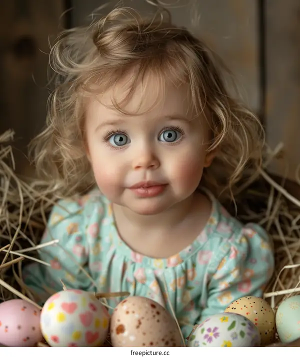 Cute Blonde Toddler Girl in Easter Egg Basket