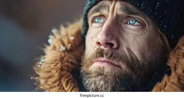 Man with a beard looks up into the winter sky