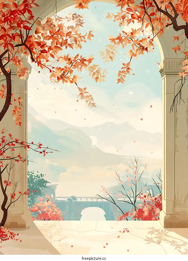 Autumn Leaves Falling Through Stone Archway