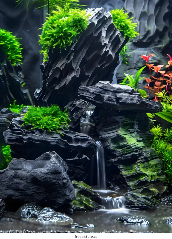 Black Rocks and Waterfall Miniature Garden