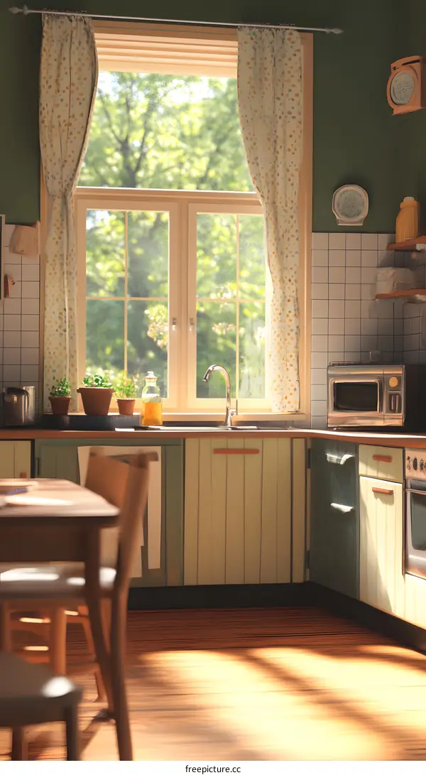Kitchen Window with Green Curtains and Sunny Day
