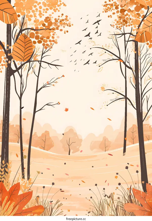 Autumn Landscape with Birds Flying in the Sky