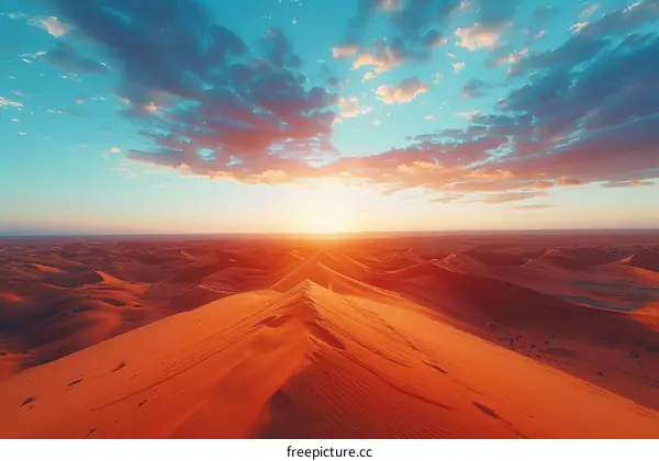 A vast expanse of red sand dunes under a setting sun
