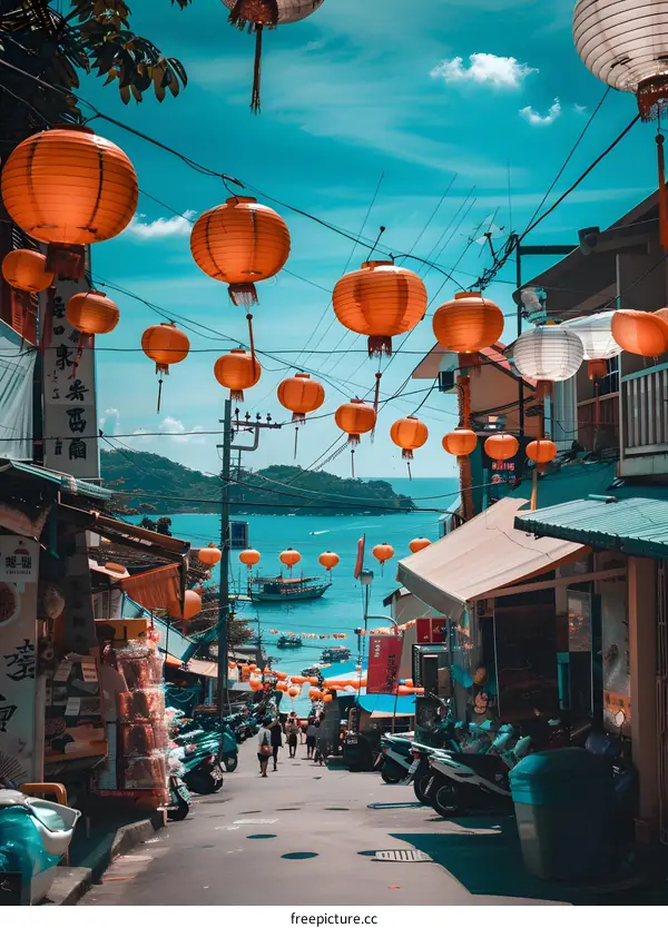 Colorful Lanterns Hanging Over Street in Asia