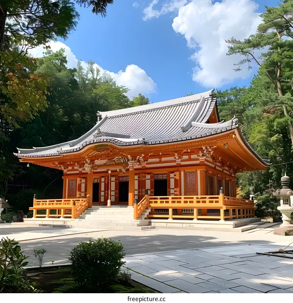 A beautiful Japanese temple with a traditional orange roof and white walls, surrounded by trees