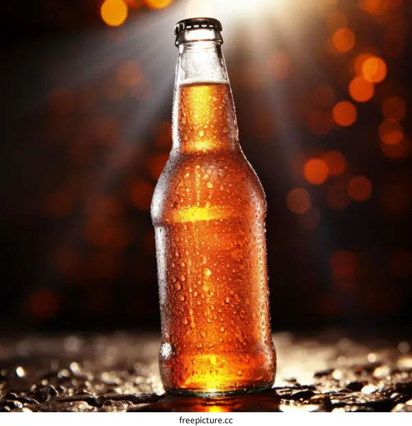 Beer bottle with water drops and bubbles closeup