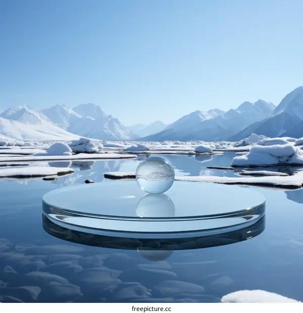 Crystal ball on a glass platform in a frozen lake