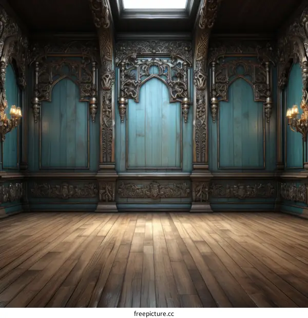 ornate interior of a medieval hall with wooden floor