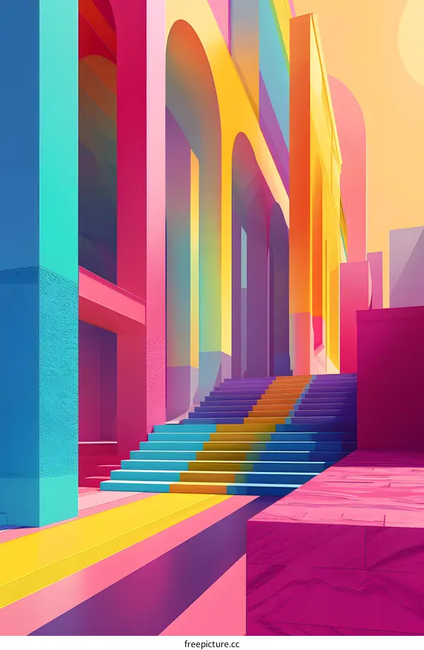 Vibrant geometric shapes and colorful staircases create a surreal and abstract cityscape.