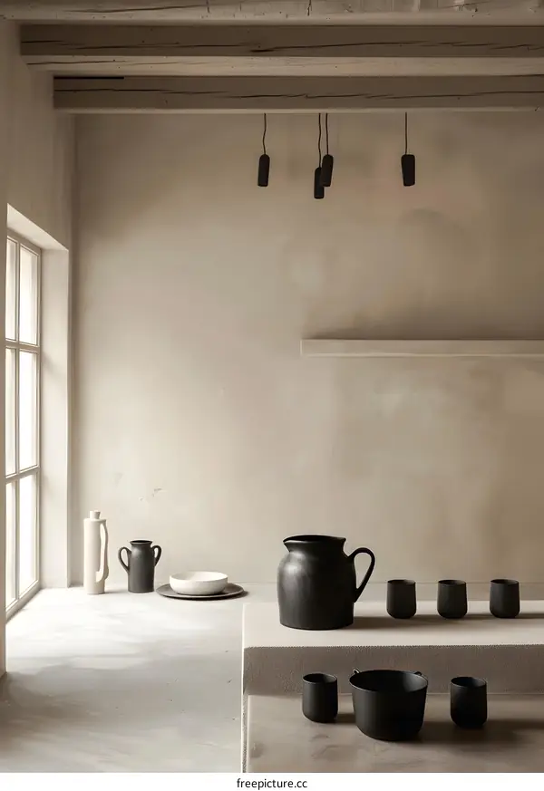 Minimalist Black and White Interior Design with Black Pottery and Pendant Lights