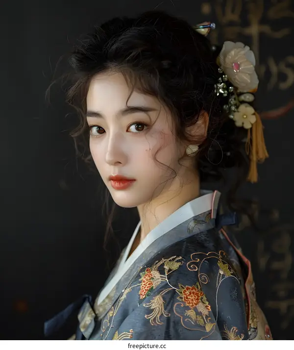Beautiful Asian Woman in Traditional Korean Hanbok Dress