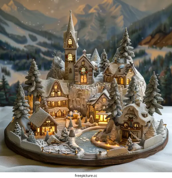 Snowy Winter Village with Festive Lights and Activities