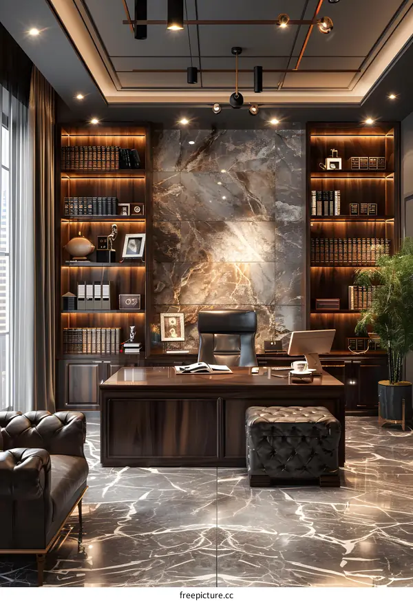 Luxury Office Interior Design With Marble Wall And Wood