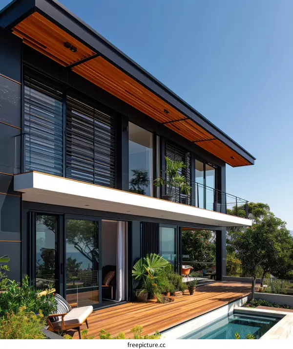 Modern two-story house with large terrace and swimming pool