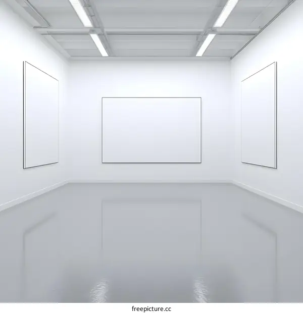 Empty Gallery Room with Three Blank Frames