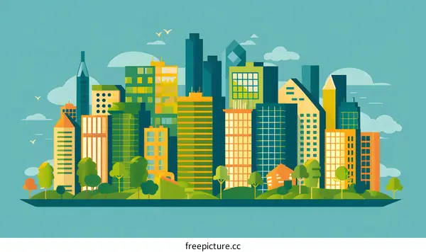 Modern City Skyline Illustration with Green Trees