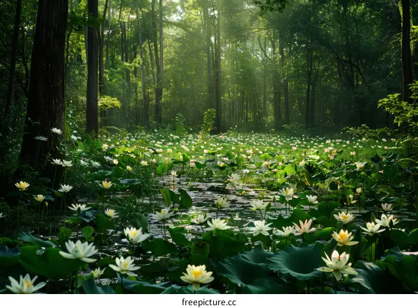Serene Water Lily Pond in a Dense Forest
