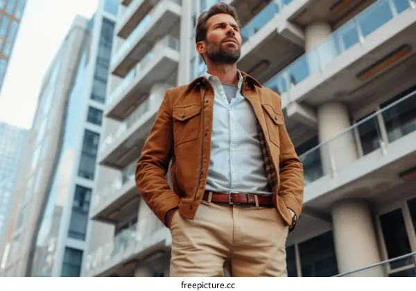 Bearded man in brown suede jacket standing with hands in pockets