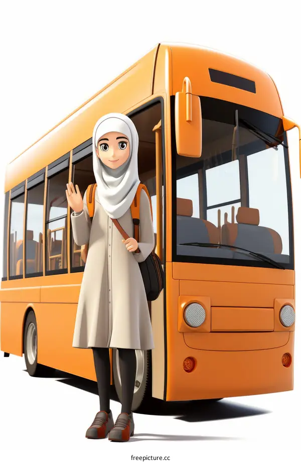 Young Muslim Girl by School Bus