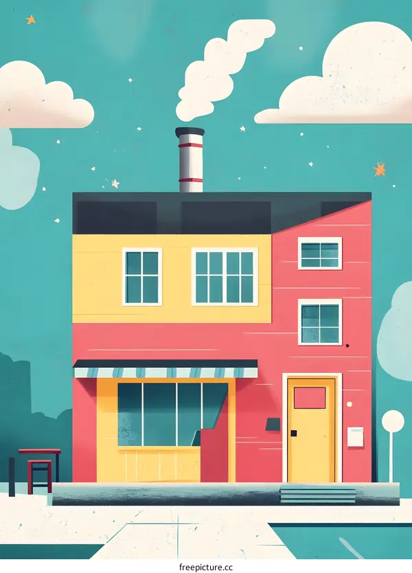 Cute Cartoon Illustration of a Building With a Smokestack and Stars in the Sky