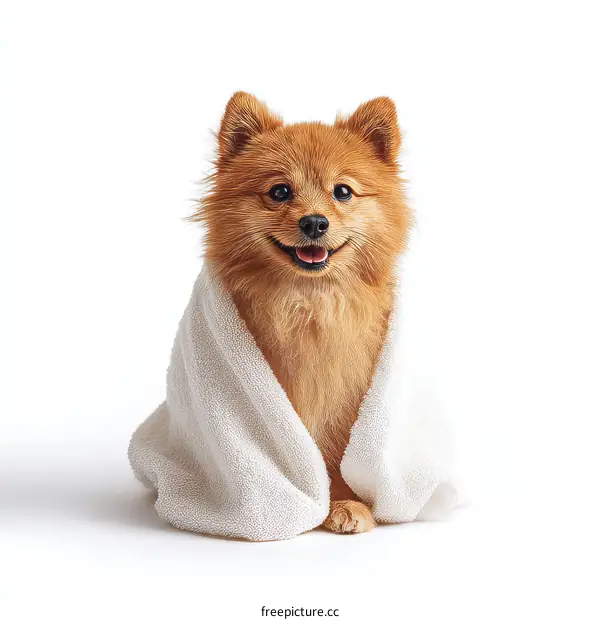 Cute Pomeranian Dog Wrapped in a White Towel