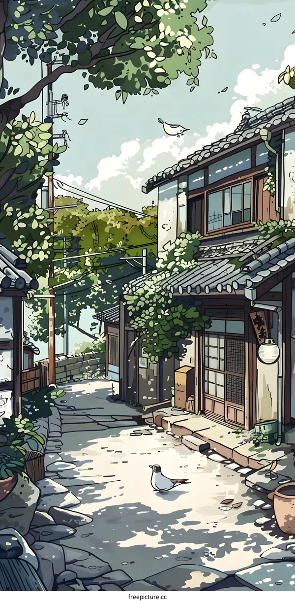 Japanese Style Street Illustration With Bird