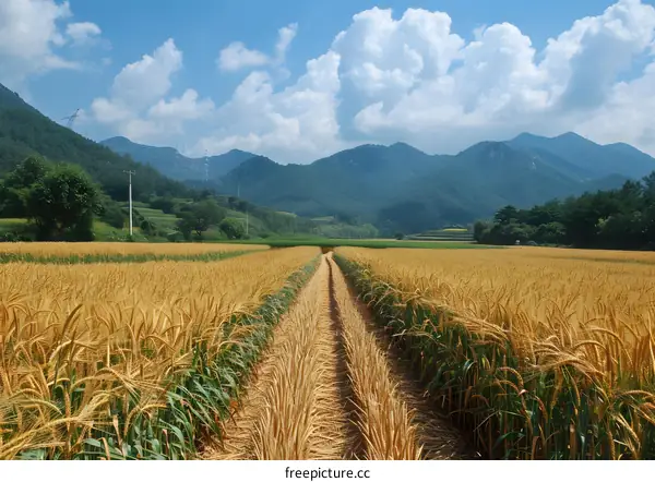 Golden Wheat Field with Mountains