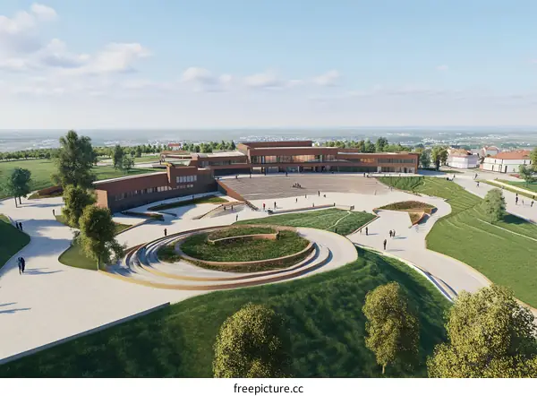 Modern Architecture Building Design with Green Landscaping and People Walking Around