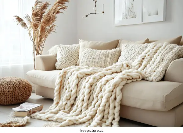 Cream Knitted Throw Blanket on Beige Sofa