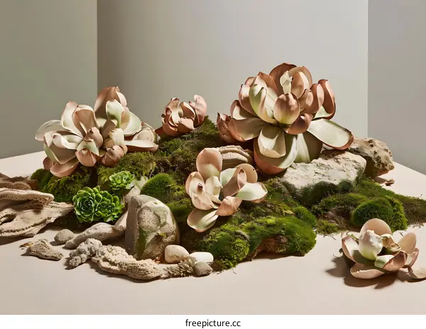 Succulent Plants And Rocks On A Sandy Surface