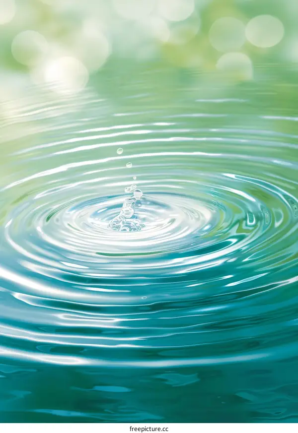 Water drop creating ripples in a pond with a blurred background