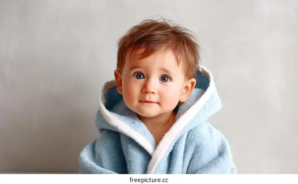 Adorable Baby Boy in a Light Blue Bathrobe