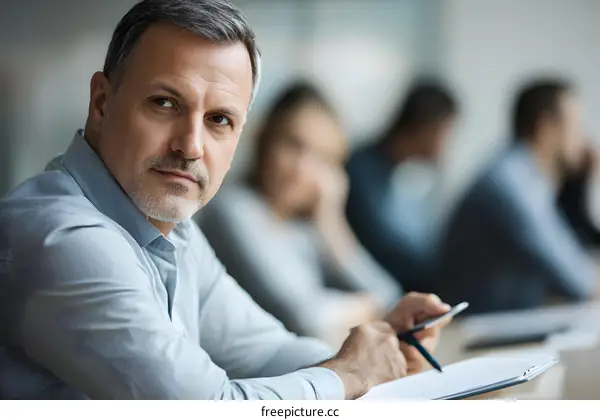 Confident Businessman Looking Away While Taking Notes in a Meeting