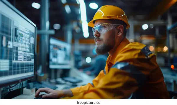 Engineer wearing hardhat and safety glasses works at computer workstation