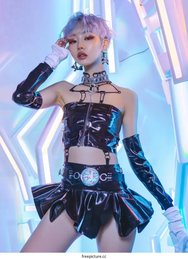 A woman with short silver hair and purple makeup is posing in a black latex outfit.