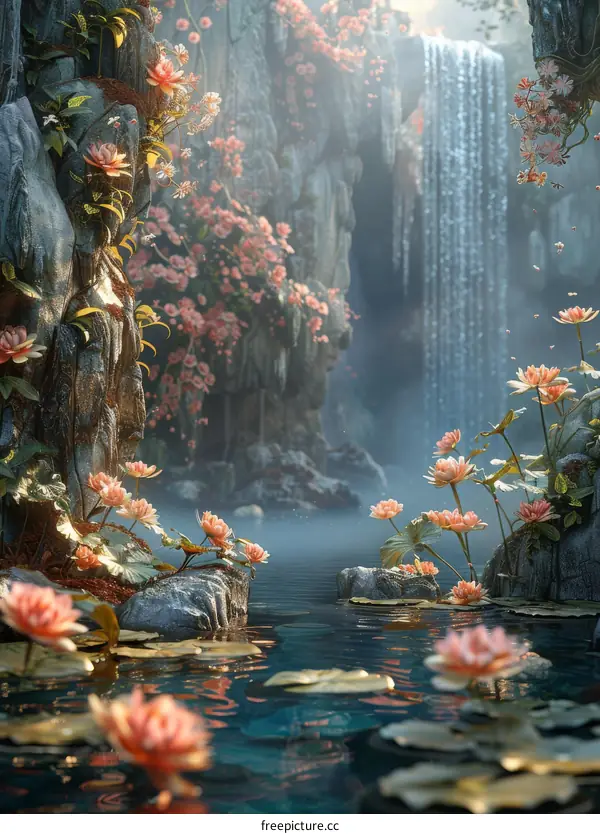 Fantasy Landscape with Cascading Waterfall and Vibrant Flowers