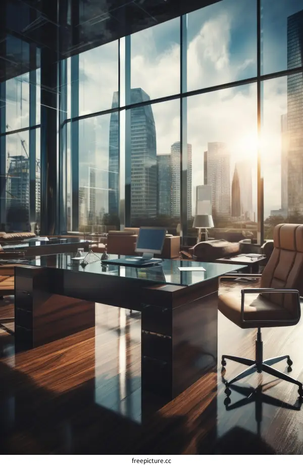 Office interior with large windows and a view of the city