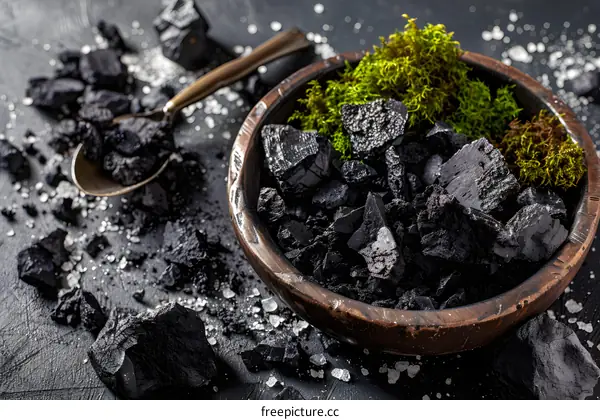 Black Charcoal Rocks in Bowl with Moss and Salt