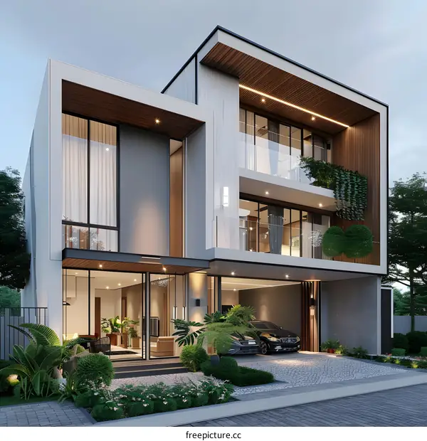 Modern House with Wooden Facade and Balcony