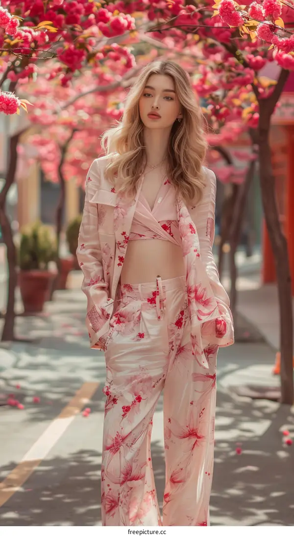 Elegant woman in pink suit posing under pink cherry blossom trees