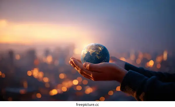 Protecting our Earth  Human hands holding a globe  Sunrise over cityscape