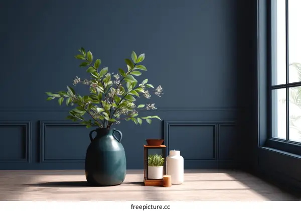 Elegant Dark Blue Room Interior Design with Vase and Plants