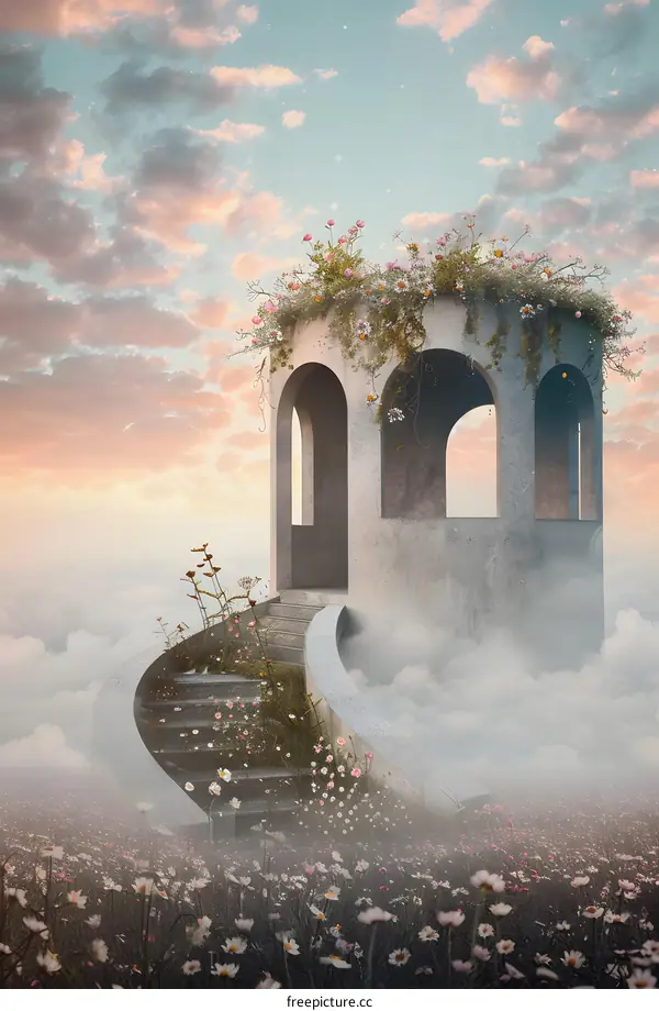 Fantasy Architecture With Flowers And Sky