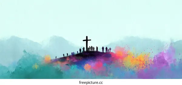 Cross on the Mountaintop with People Watching