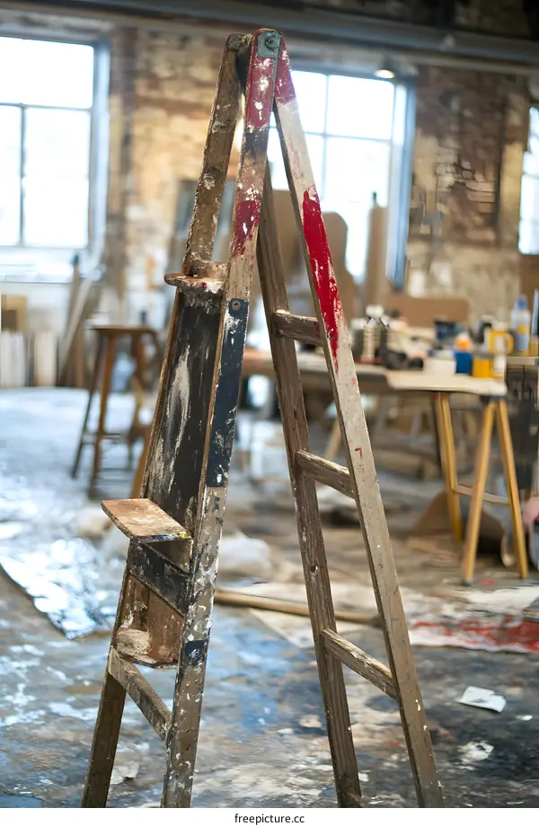 Old Wooden Ladder In An Art Studio
