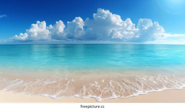 Beautiful beach with white sand and turquoise water under blue sky with fluffy clouds