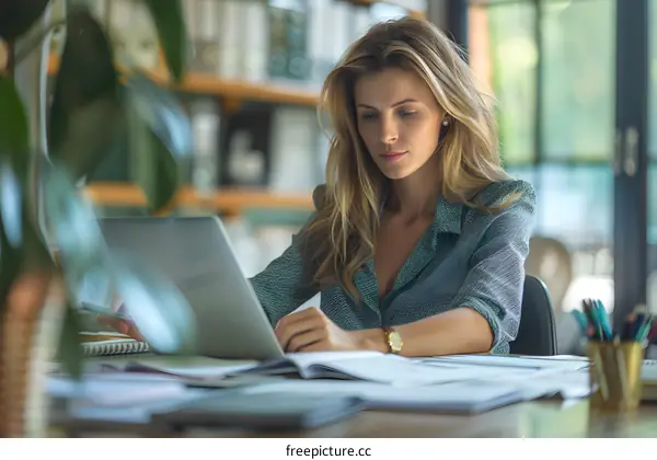 Focused businesswoman working on laptop in home office